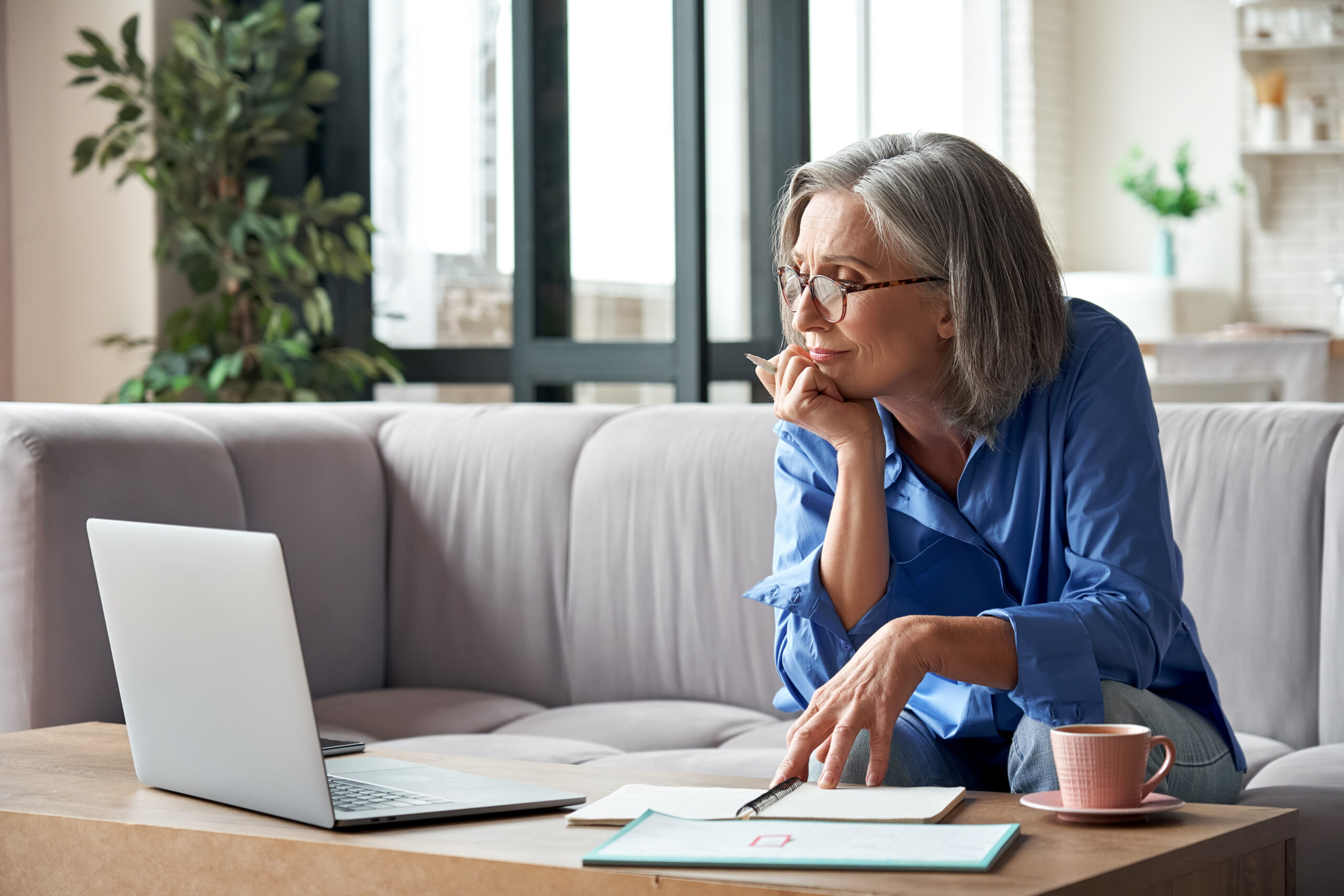 Senior,Mature,Older,Woman,Watching,Business,Training,,Online,Webinar,On