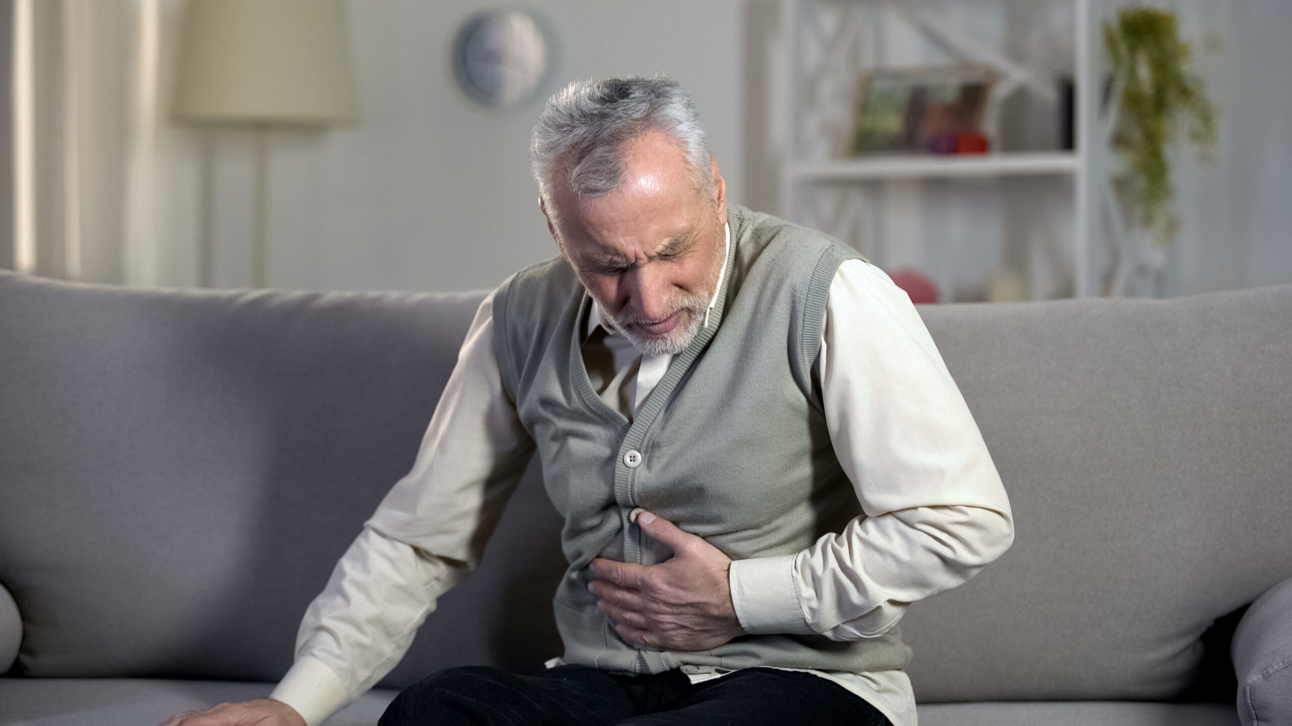 Old,Male,Having,Strong,Abdominal,Ache,,Stomach,Ulcer,Disease,,Health